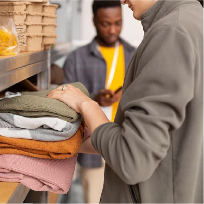 A person putting a set of clothes on a shelf